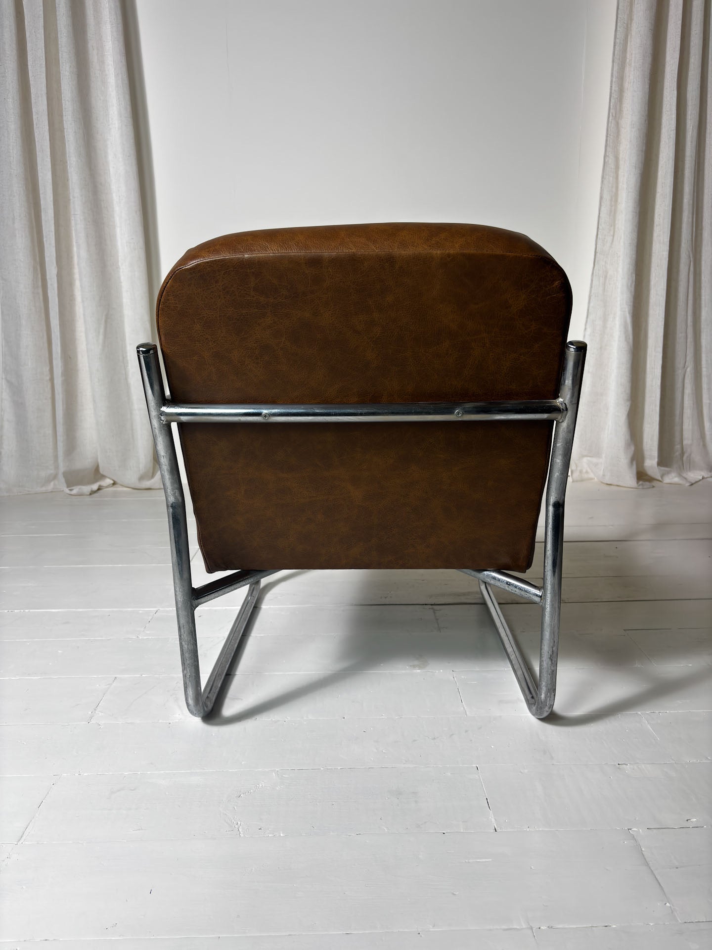Pair of Vintage Steel Frame Armchairs — Reupholstered in Brown Leather