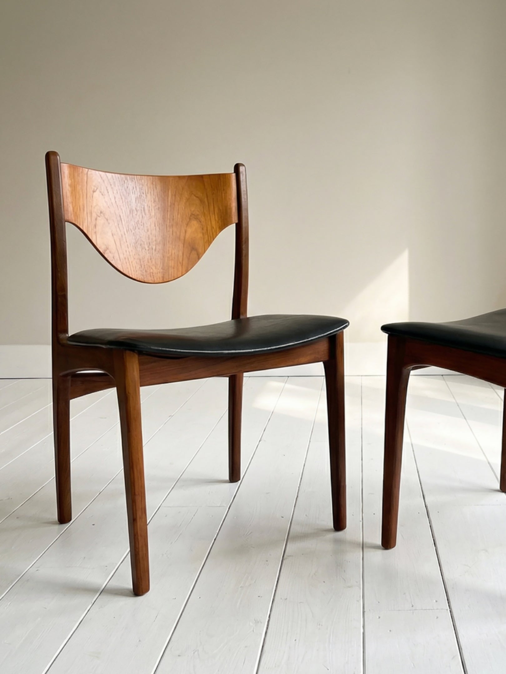 Pair of Mid Century Teak Dining Chairs with Black Vinyl Seats (c. 1960s–70s)