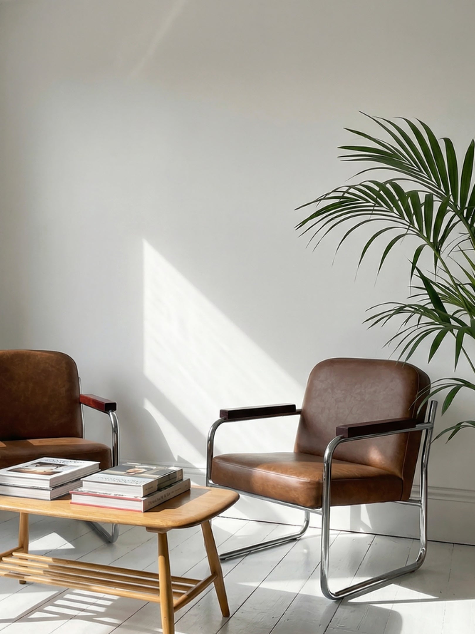 Pair of Vintage Steel Frame Armchairs — Reupholstered in Brown Leather Evengrain Furniture