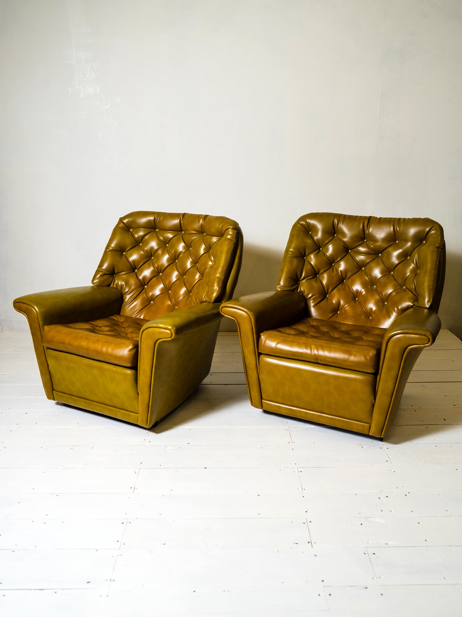 Pair of 1970s Original Vinyl Armchairs — Dark Lime Green