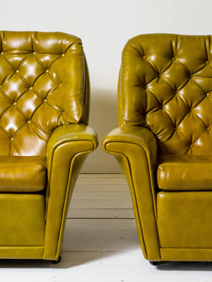 Pair of 1970s Original Vinyl Armchairs — Dark Lime Green