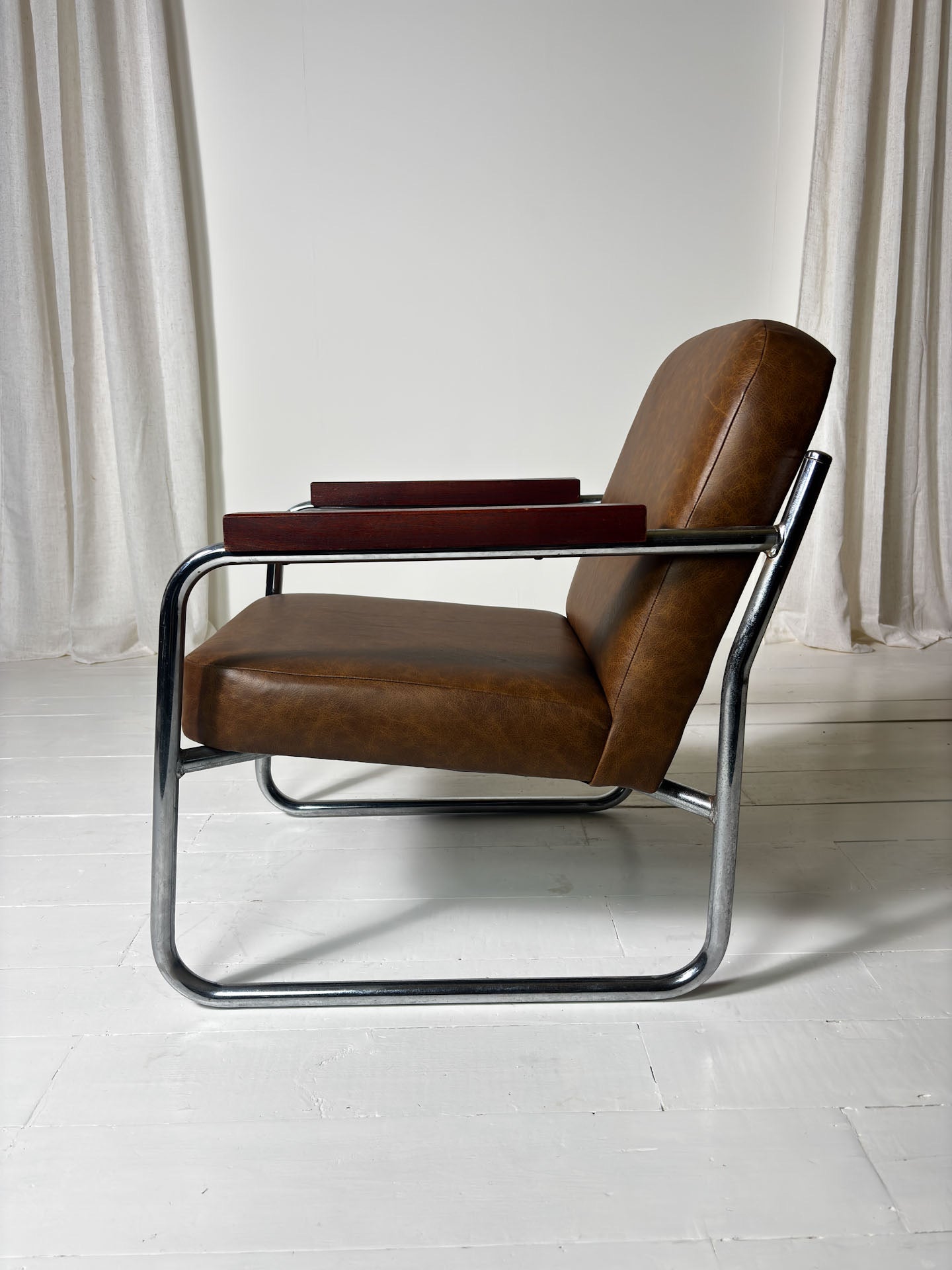 Pair of Vintage Steel Frame Armchairs — Reupholstered in Brown Leather