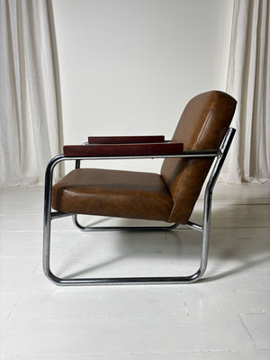 Pair of Vintage Steel Frame Armchairs — Reupholstered in Brown Leather