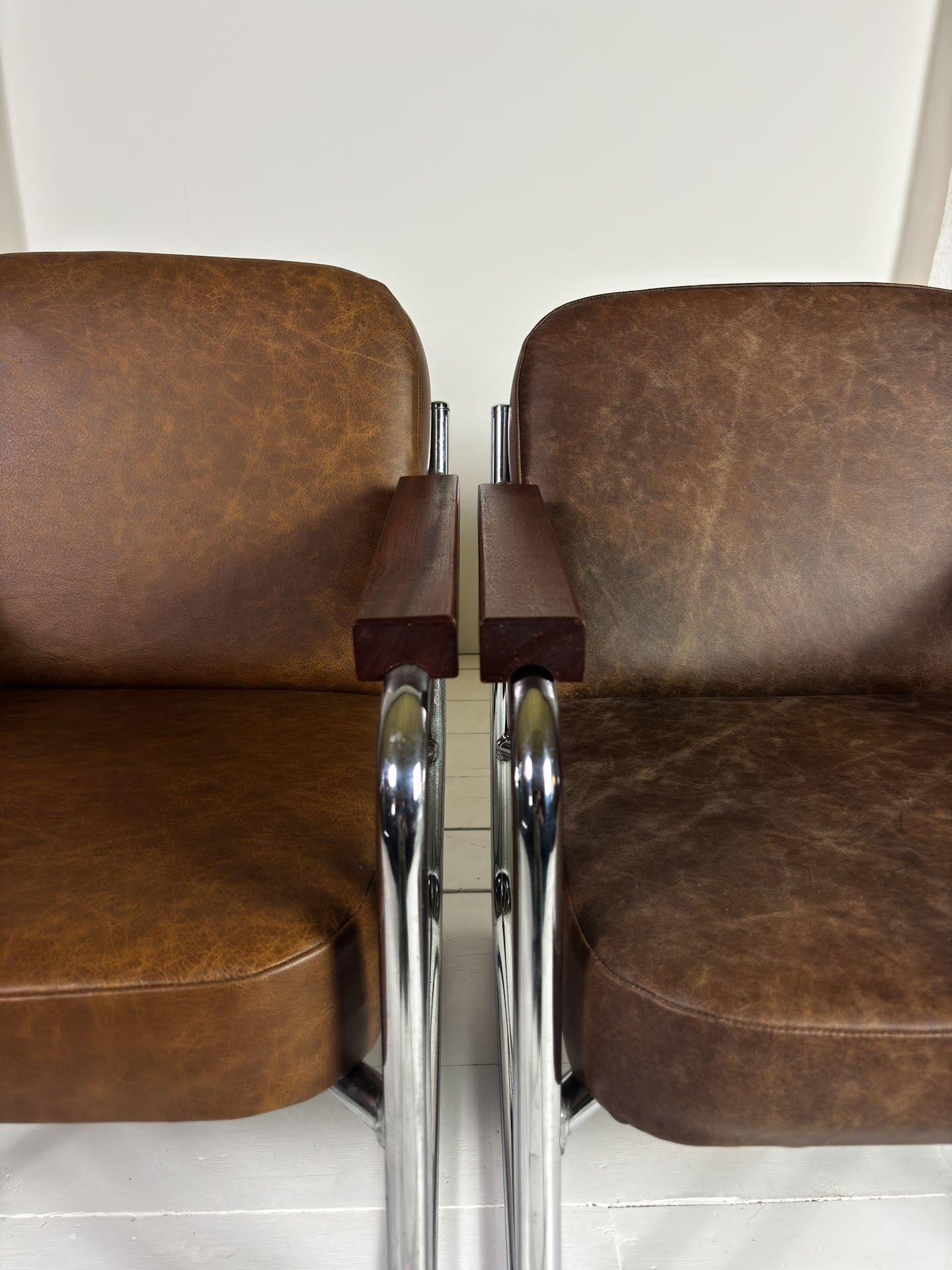 Pair of Vintage Steel Frame Armchairs — Reupholstered in Brown Leather
