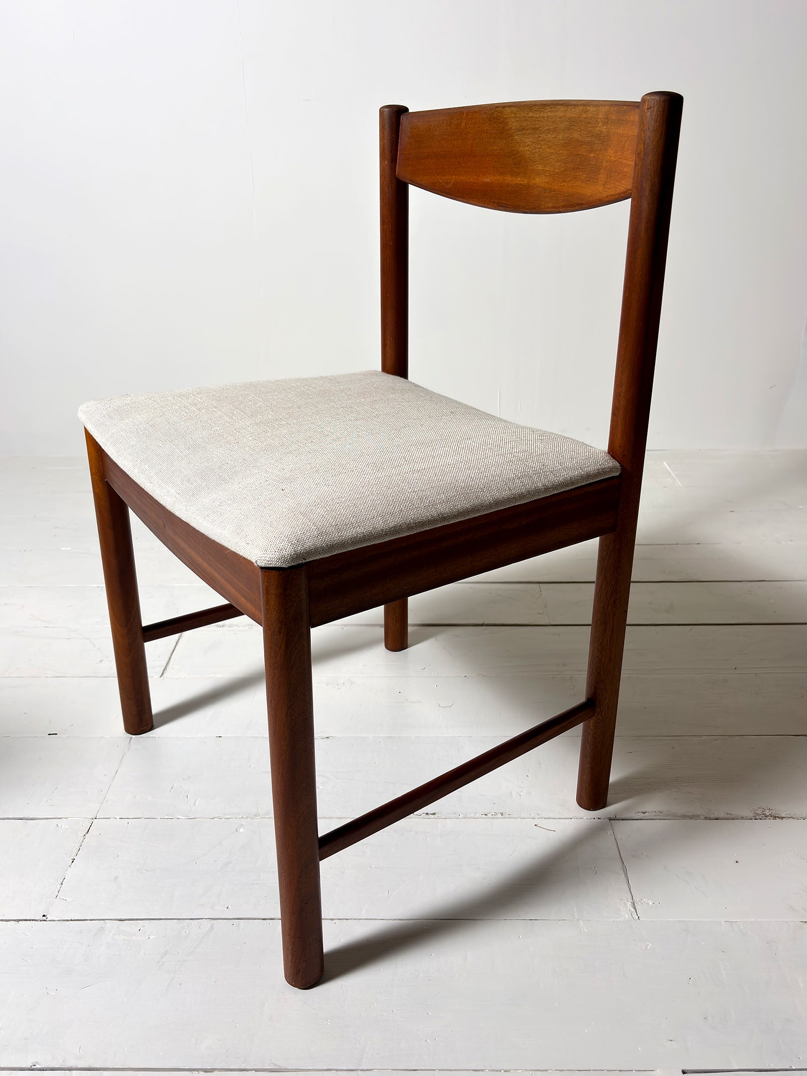 McIntosh dining chair with carved back detail 1960s" or "McIntosh carver chair with arms Tom Robertson design. Teak, Reupholstered, restored.