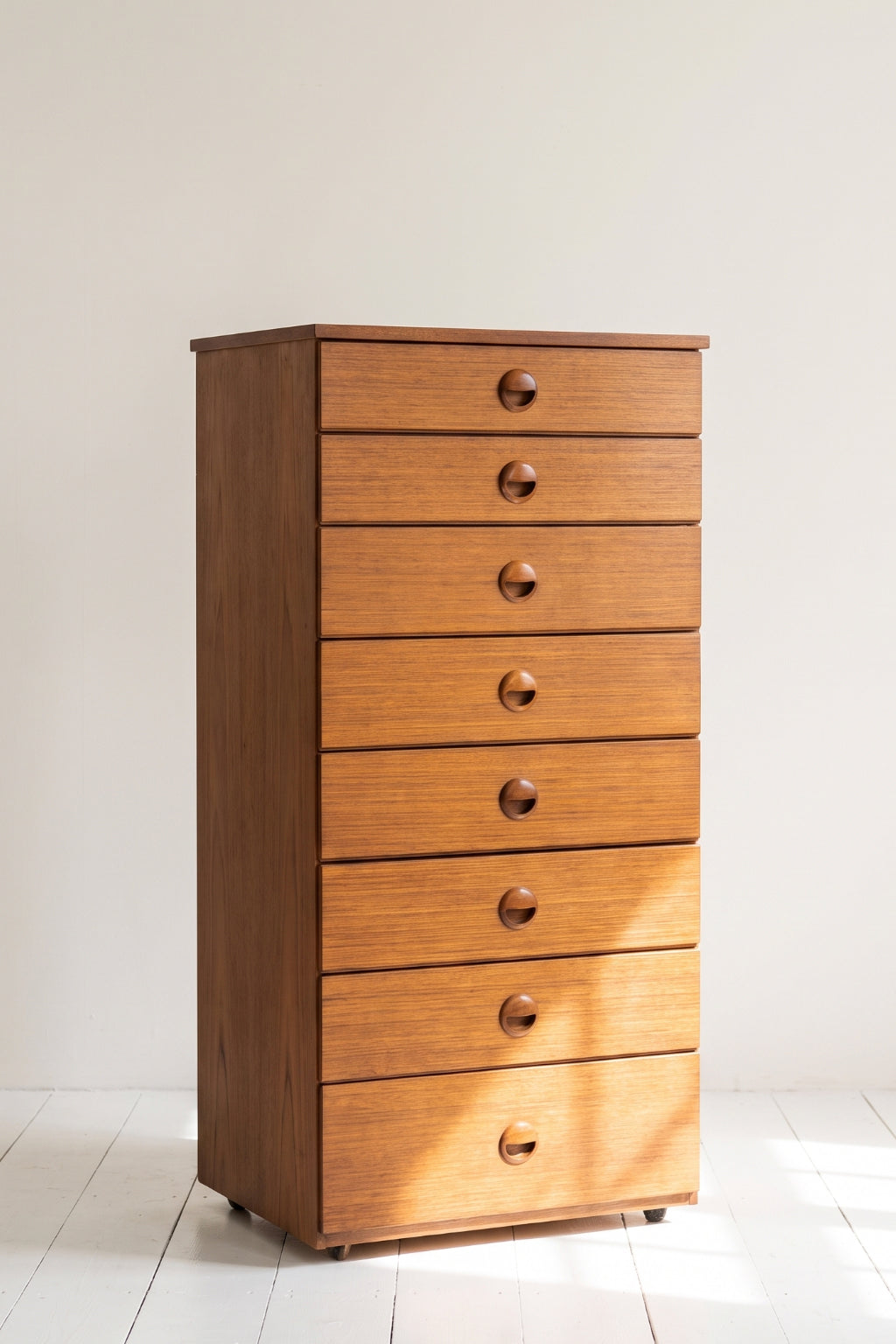 1970s Schreiber 8-Drawer Tallboy | Mid-Century Modern Teak Finish Evengrain Furniture