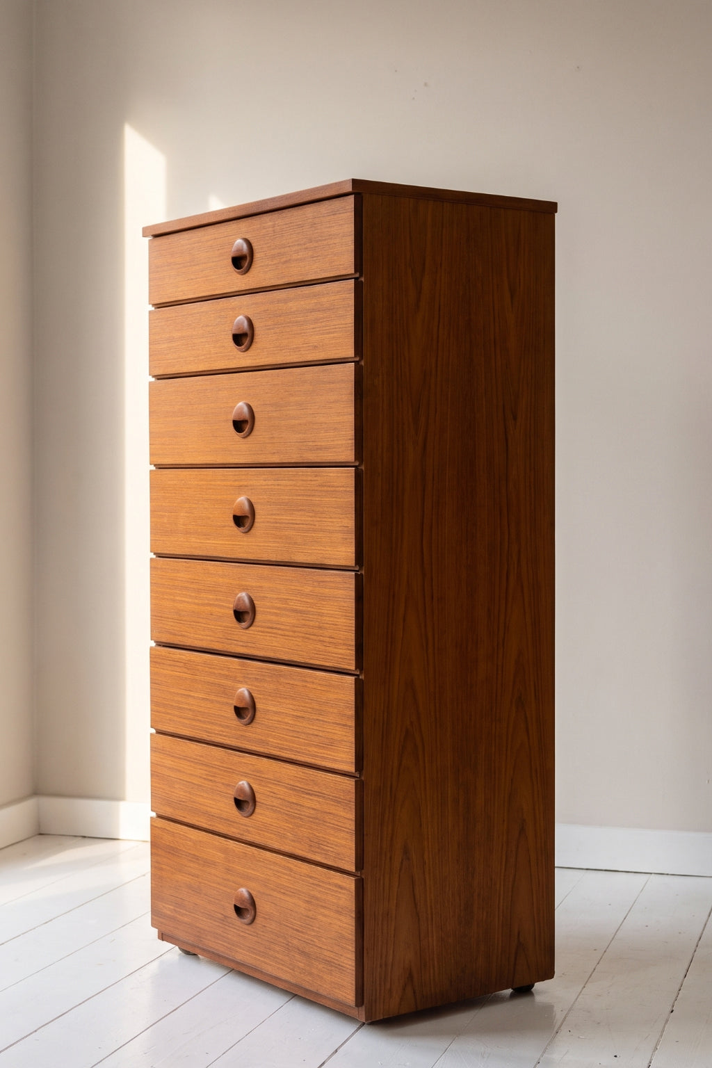 1970s Schreiber 8-Drawer Tallboy | Mid-Century Modern Teak Finish Evengrain Furniture