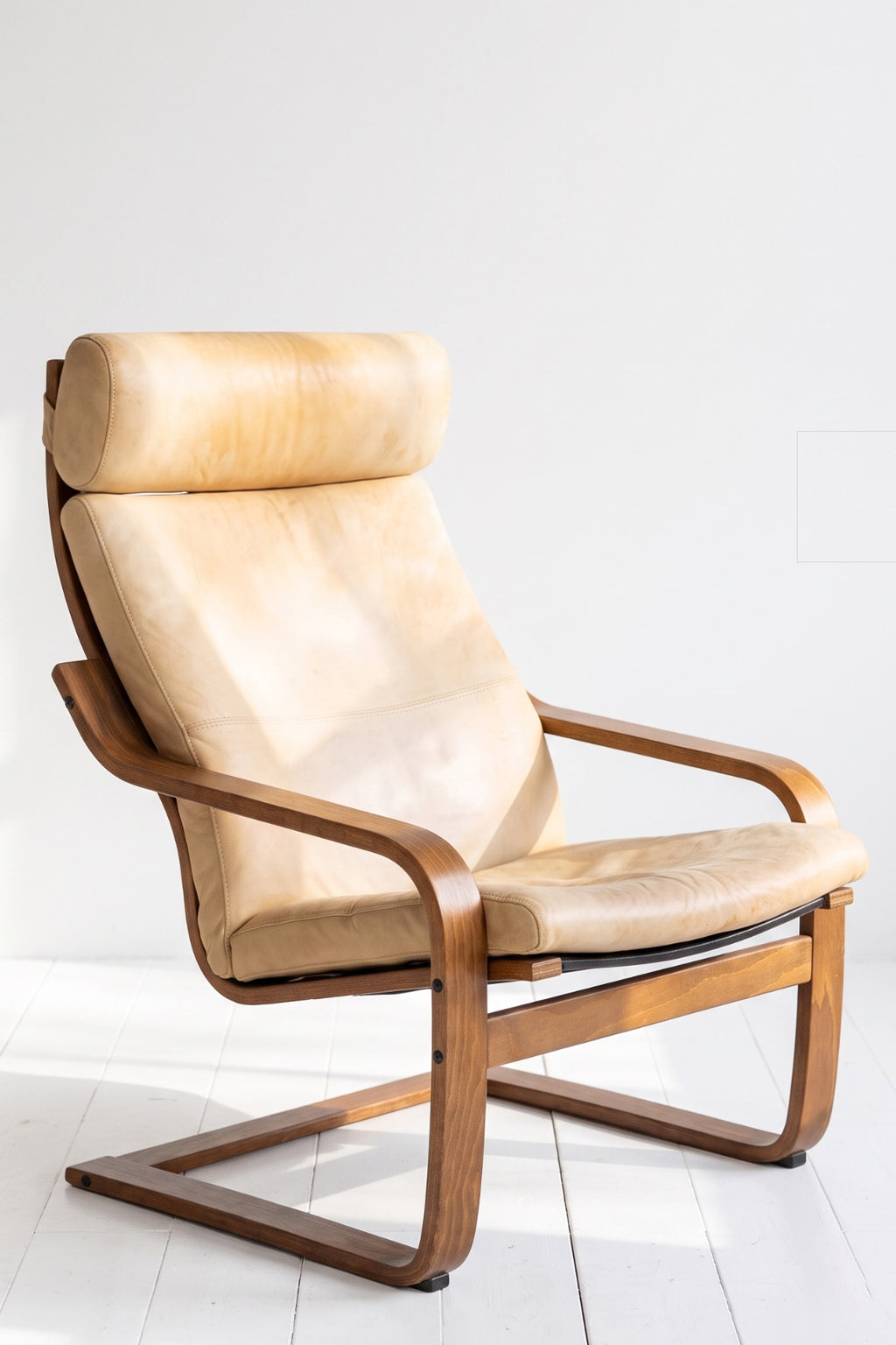 Vintage IKEA POÄNG Cantilever Lounge Chair in Tan Leather by Noboru Nakamura Evengrain Furniture