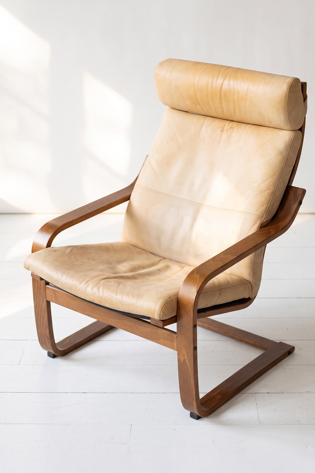 Vintage IKEA POÄNG Cantilever Lounge Chair in Tan Leather by Noboru Nakamura Evengrain Furniture