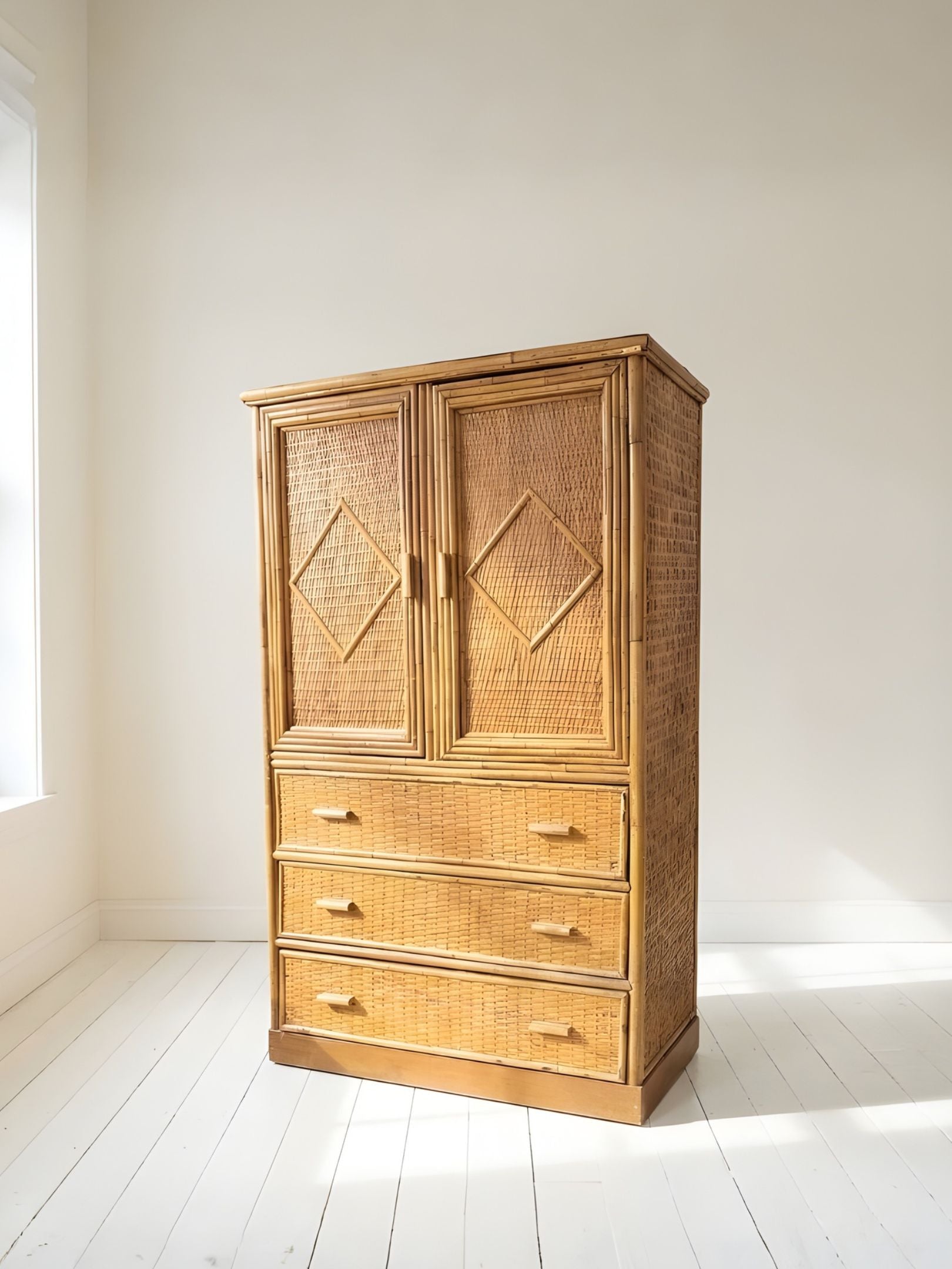 Vintage Bamboo Rattan Diamond Armoire