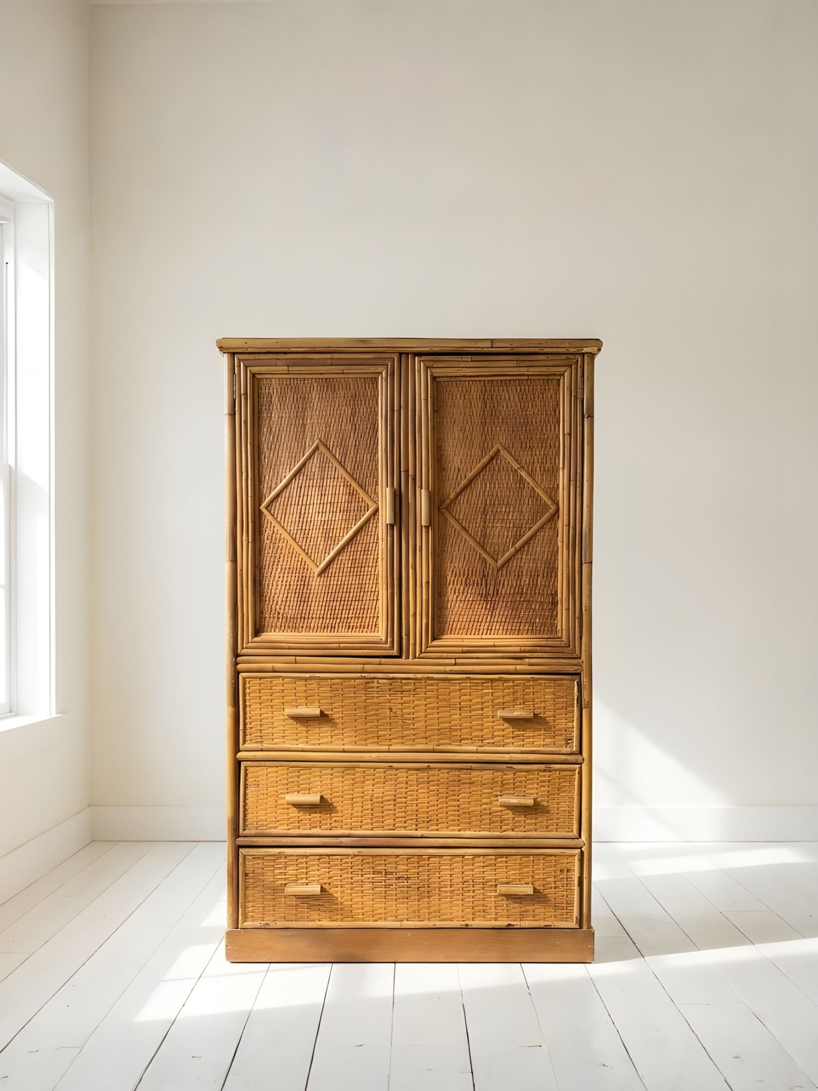 Vintage Bamboo Rattan Diamond Armoire